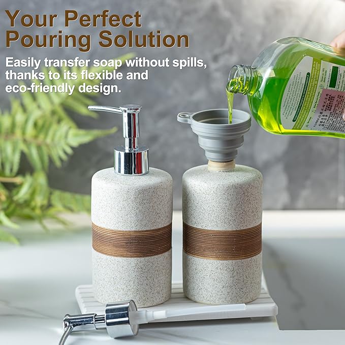 2 Pack Ceramic Soap Dispensers Set, Hand and Dish Soap Dispenser | Shampoo and Conditioner Dispenser Set, for Bathroom and Kitchen | with Stainless Steel Pump, Silicone Funnel and Tray, White