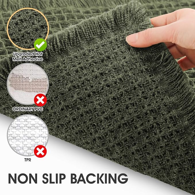Waffle Bath Mat Set Dark Green 3 Piece,Woven Modern Bath Rug Mats, Absorbent Non Slip Bath Floor Mat, Soft Washable Boho Bath Rugs with Tassels for Bathroom, Bedroom, Kitchen,Tub