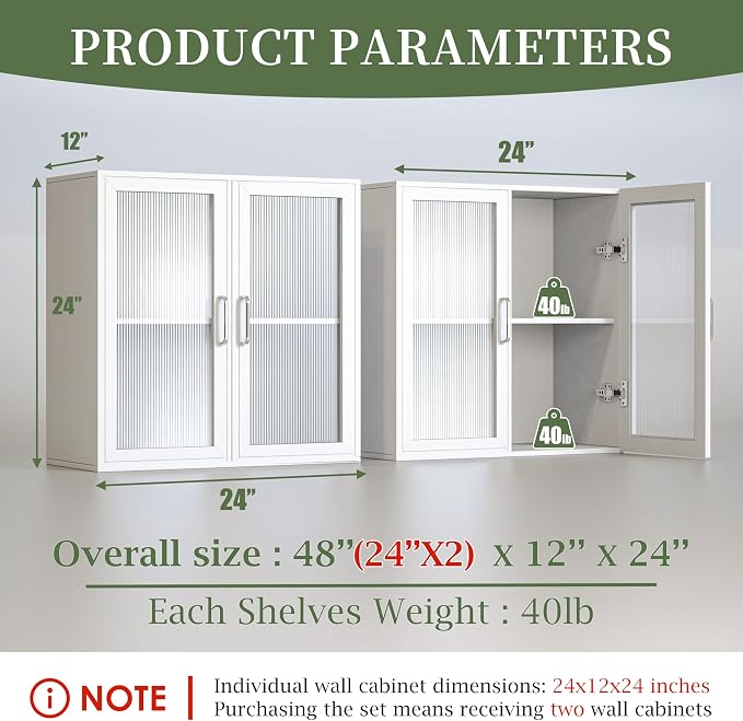 FIMELLO 24’’ Laundry Room Cabinets Set of 2, Bathroom Wall Cabinet Storage Acrylic Glass Doors, Kitchen Cabinets with Adjustable Shelf, Medicine Cabinets for Bathroom, White Bathroom Cabinet