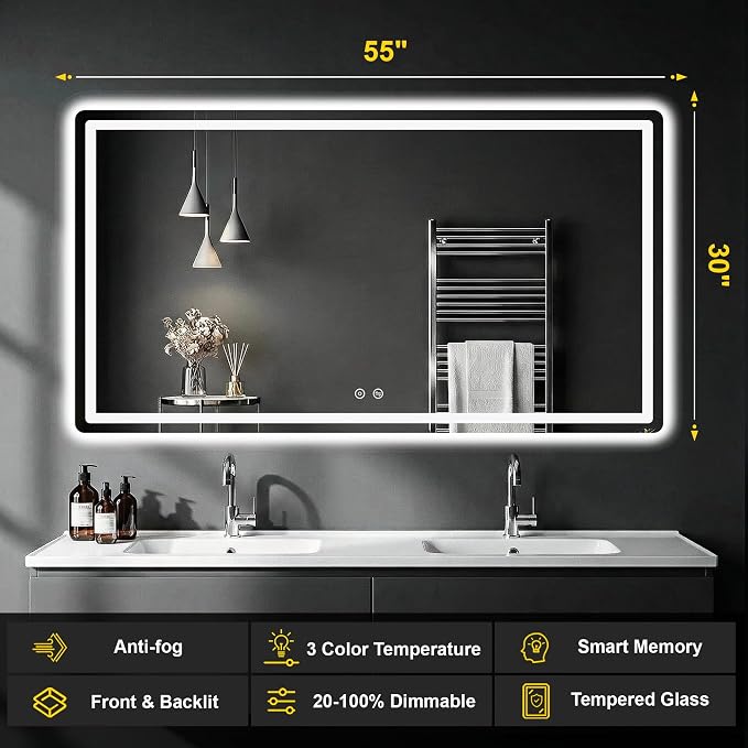 LED Bathroom Mirror with Lights, 30"x55" Lighted Vanity Mirror for Wall | Anti-Fog, Dimmable 3 Color Light, Backlit+Frontlit, Shatterproof Tempered Glass, Memory Function