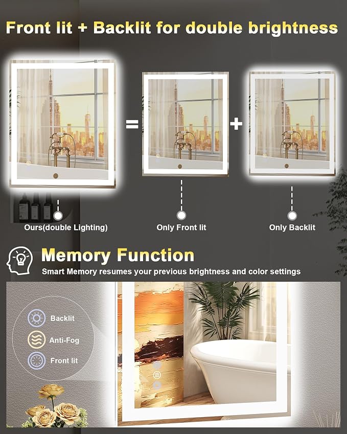 55x36 LED Bathroom Mirror, 6000LM, Separate Front and Back Lights | UL Certified,Shatter-Resistant Tempered Glass,Auto-Off Defogger,3 Color Modes,Smooth Dimming,Smart Memory Setting