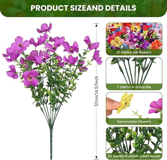 SHareconn 40 Bundles Artificial Flowers UV Resistant Outdoor Decor | Realistic Silk Flowers, Spring Fake Plants Greenery, For Patio Porch Planter Yard Home Spring Decor, 8 Colors