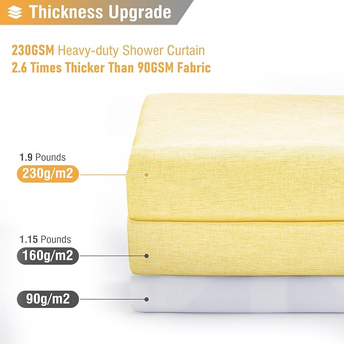 Yellow Linen Textured Waterproof Thick Fabric Shower Curtain, 72x72 | 230GSM Polyester, Heavy Duty Cloth, Weighted Hem, 12 Plastic Hooks, Modern Hotel Style, Machine Washable, Bathroom Decor