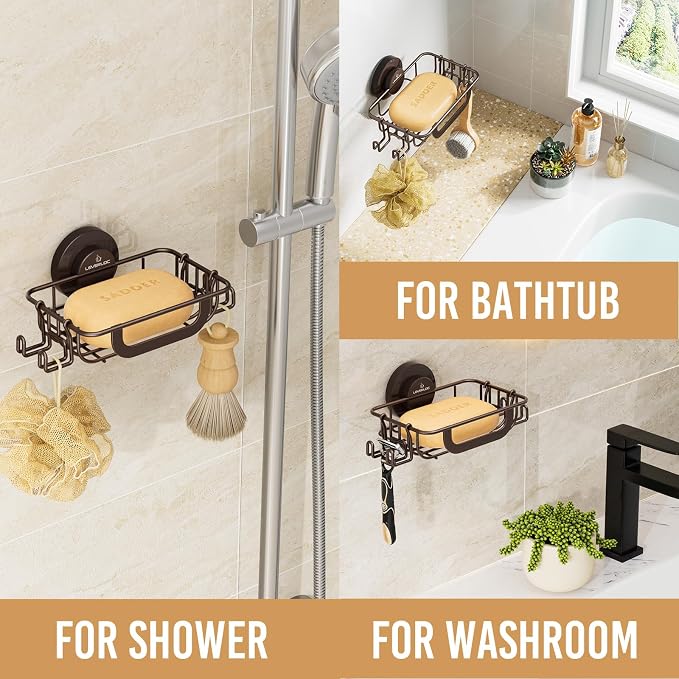 Bar Soap Holder with Hooks, Suction Cup Soap Dish Stainless Steel | Soap Holder Shower Wall Mounted, Soap and Razor Holder for Shower, Rustproof for Bathroom, Sponge Holder Saver, Brown
