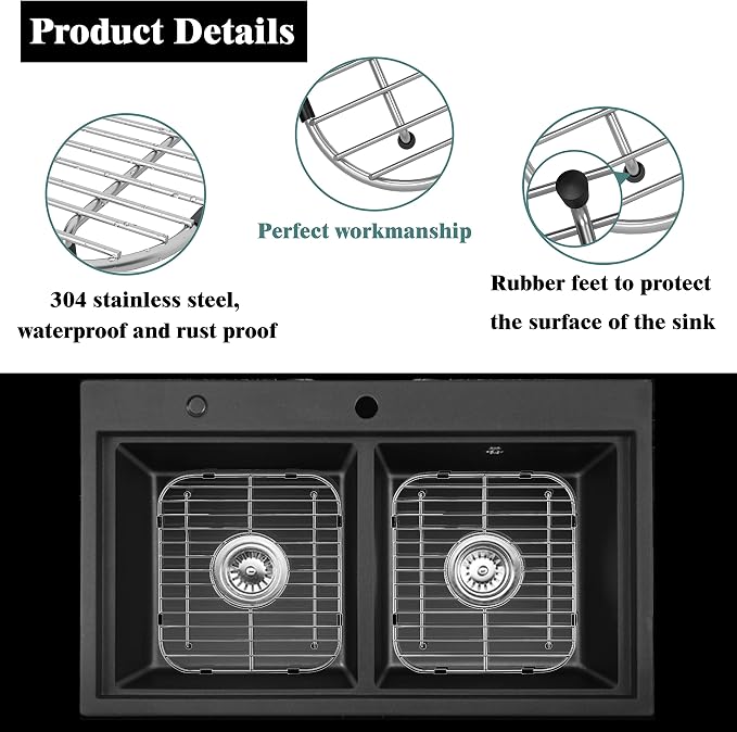 Sink Protectors for Kitchen Sink 13" x 11-5/8", 304 Stainless Steel Sink Grid Protectors for Kitchen Sink with Certer Drain Hole, Metal Protector for Sink with Sink Strainers (Center Drain)