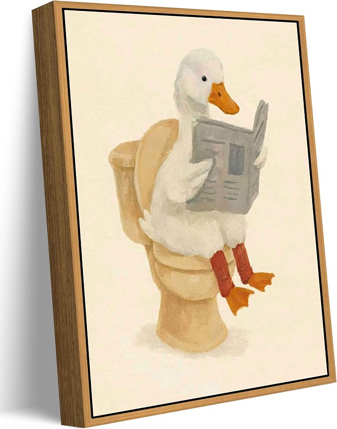 Floating Framed Funny Bathroom Goose Canvas Wall Art Cute Duck Painting Picture Wall Decor Reading Newspaper Goose Poster Print Artwork for Washroom Bathroom Restroom Home Decoration 12x16in