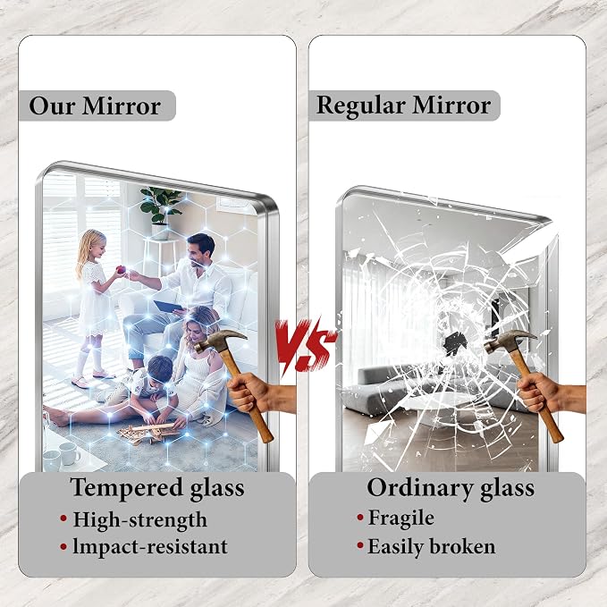 30x36 Inch Silver Metal Framed Bathroom Mirror for Wall, HD Tempered Glass | Vanity Mirror for Over Sink, Anti-Rust Aluminum Alloy Mirror, Farmhouse, Horizontally or Vertically Hanging