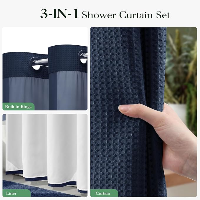 Navy Blue Hook Free Waffle Shower Curtain & Snap-in Liner,72x87 | Less Time to install, 3 in 1 Fabric Shower Curtain and Liner Set with Magnets, Extra Long, Shower Curtains for Bathroom
