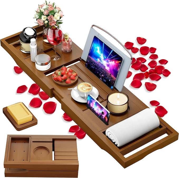 Foldable Bathtub Tray Caddy with Soap Dish Adjustable29.5-43''Walnut | Bamboo Bath Table Trays with Non-slip Pads, Wine Glass Holder, Adjustable Tablet Book Stand, Spa Bath Essentials Organizer