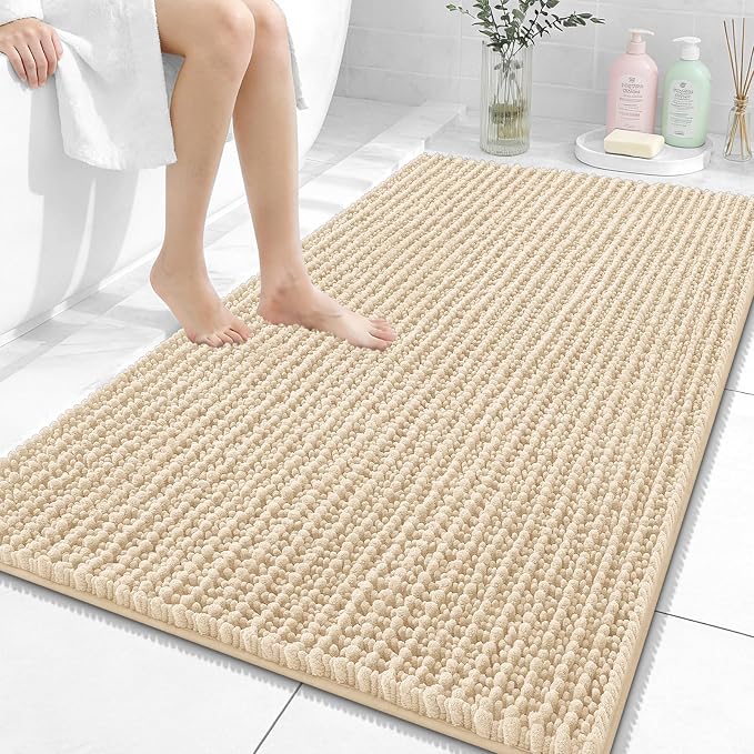 OLANLY Large Bathroom Rugs 44x32, Thick Soft Absorbent Chenille Bath Rugs | Beige, Quick-Drying Rubber Backing, Shaggy Bath Mat, Machine Washable for Floor, Tub and Shower, Home Decor Accessories