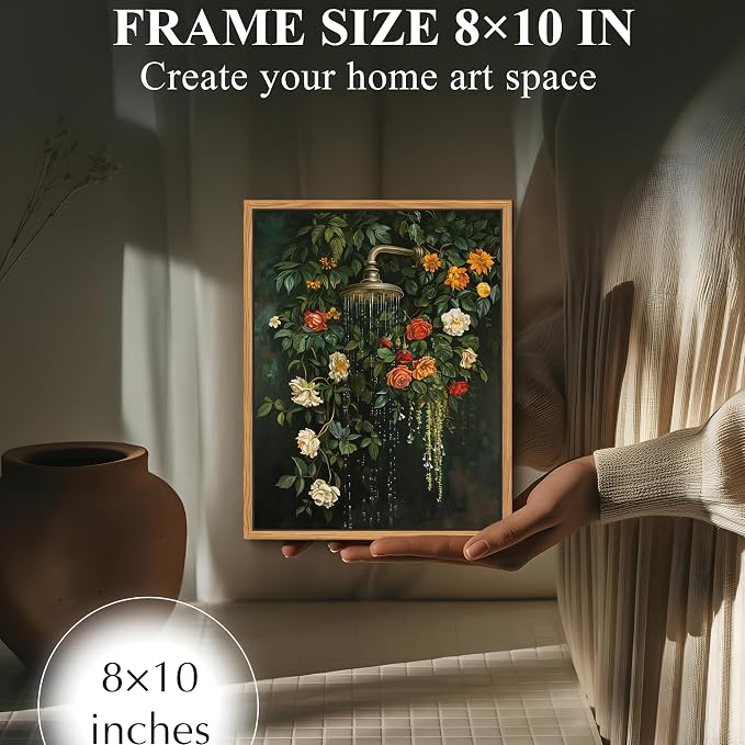 Floating Framed Floral Shower Wall Art, Vintage Botanical Flower Canvas Print, Romantic Garden Roses and Waterfall Painting, Nature Inspired Bathroom Wall Decor for Home Living Room 8x10 inch