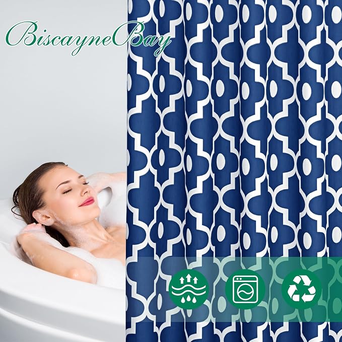 Biscaynebay Textured Fabric Shower Curtains for Bathroom 72" X 72", Indigo Morocco Pearl Printed Linen Shower Curtain Machine Washable