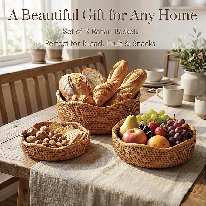 YANGQIHOME Rattan Bread Basket, Round Fruit Baskets, Wicker Storage Bowls, Natural Woven Serving Basket Bowls, Decorative Baskets for Kitchen Counter Organizing