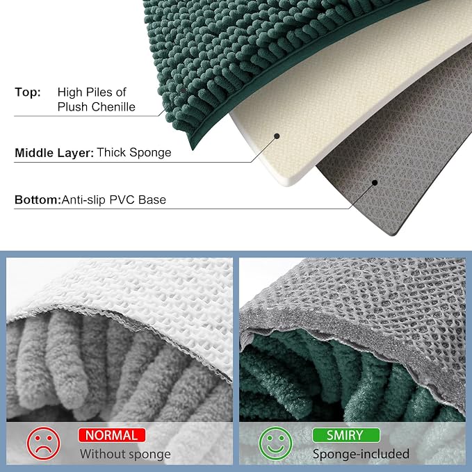 Smiry Bathroom Rugs 47X20, Luxury Chenille Extra Soft Absorbent Bath Mat | Green, Machine Washable Non-Slip Plush Bath Mats for Bathroom, Tub, Shower, and Floor, Home Decor