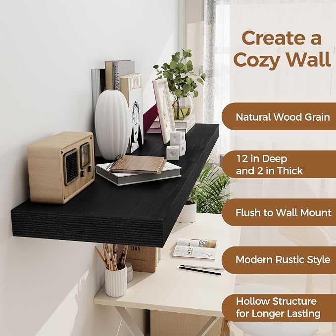 Fun Memories 48inch Floating Shelves, 12" Deep Wall Shelves for Storage and Home Decor, White Wall Shelves for Living Room Bedroom Bathroom Kitchen Laundry Room, Set of 2