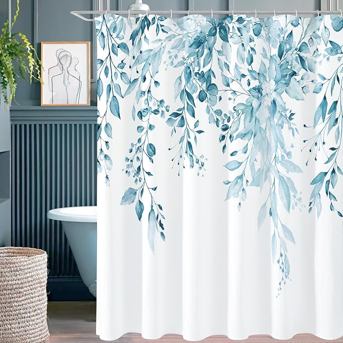 Spa Blue Eucalyptus Shower Curtain, Watercolor Floral Print, 72x78 | Watercolor Plant Leaves Floral Print, Waterproof Fabric Bathroom Decor, Machine Washable, Rustproof Grommets