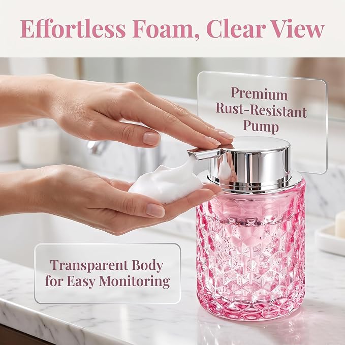 Malachi Foaming Hand Soap Dispenser, Refillable Clear Glass Foam Pump Bottle for Liquid Hand Soap, Dish Soap, Multi‑use for Bathroom, Kitchen & Commercial Use