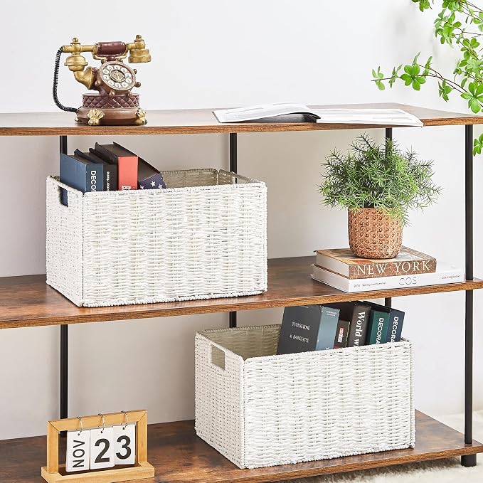Wicker Storage Basket, Set of 2 Hand-Woven Paper Rope Wicker Basket, Large Storage Baskets for Organizing, Foldable Large Cube Storage Organizer Bins for Shelves (White)