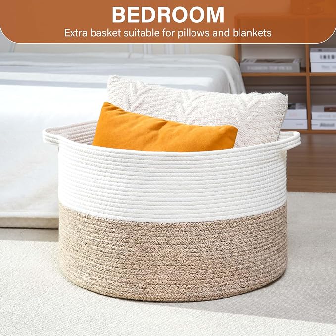 Foldable Laundry Hamper Basket with Collapsible Handle Cotton Rope Soft Woven Fabric Storage Organizer Clothes Toys Nursery Bedroom Dorm Space Saving Bin (White & Brown, 65L(19.7"D x 12.6"H))