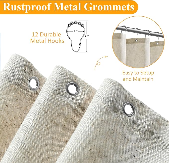 Extra Long Light Beige Linen Shower Curtain 84 Inch Long Weighted Fabric Bath Shower Curtain Set with Hooks, XLong Tall Country Farmhouse Curtains for Bathroom, 72x84