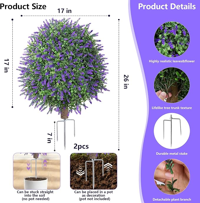26'' Artificial Boxwood Topiary Trees with Lavender 2 Pack Fake Plants for Outdoor Indoor Artificial Shrubs with Metal Ground Spike UV Resistant Fake Bushes for Front Porch Garden, Red
