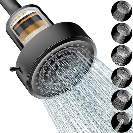Filtered Shower Head, Shower Head with Filters for Healthy Hair & Skin | Filtered Shower Head for Hard Water,Removes Chlorine & Heavy Metals,6 Mode Settings,High Pressure,Easy Install,Water Softener
