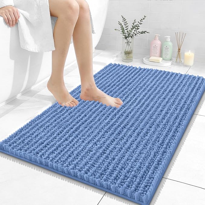 OLANLY Bathroom Rugs 36x24, Thick Soft Absorbent Chenille Bath Rugs | Cornflower Blue, Shaggy Bath Mat with Quick-Drying Rubber Backing, Washable for Floor, Tub and Shower, Home Decor Accessories
