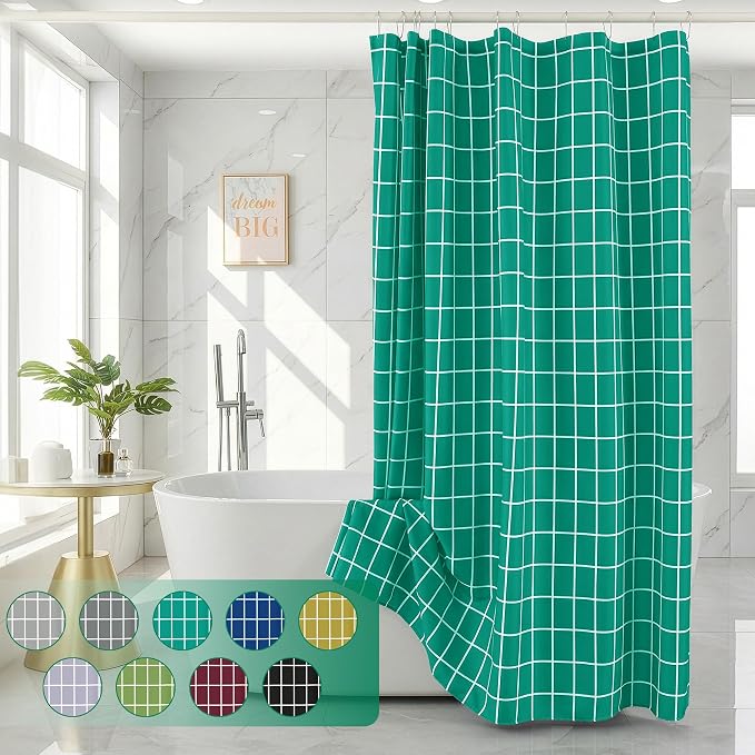 Biscaynebay Fabric Shower Curtain for Bathroom-Modern Farmhouse Faux Linen Textured Grid Plaid Shower Curtains, Minimalist Simple Geometric Neutral Decor Machine Washable-70x72 Inches Turquoise