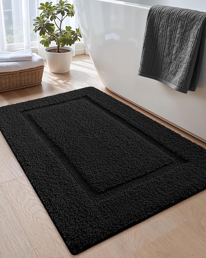 DEXI Bath Mat 43x24, Absorbent and Non Slip Bathroom Rugs, Black | Soft Plush Microfiber Bathmat, Machine Washable & Quick Dry, Rubber Back Rug for Shower, Tub, Sink