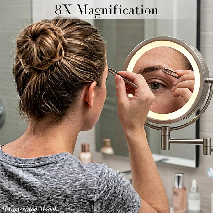 JERDON Hardwired Wall-Mount Makeup Mirror - 8X/1X - Nickel - HL88NLD | 8.5" Round Frame, 13.5" Wall Arm, LED Lighting, Direct Wire Installation