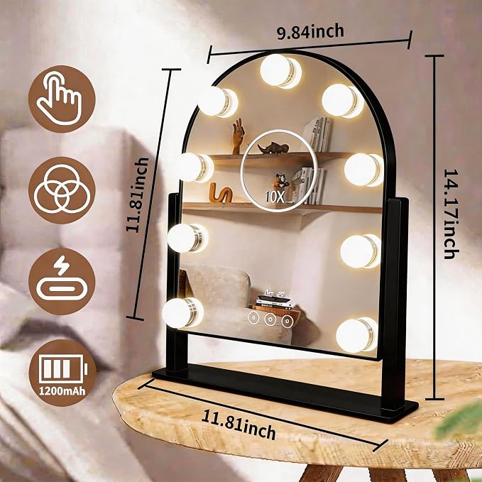 Arched Makeup Vanity Mirror with Lights,10X,Gold,14.17"x11.81" | Vanity Mirror with Detachable 10X Magnification Mirror, Rechargeable, 3 Color Lights,Smart Touch, 360‑Degree Swivel