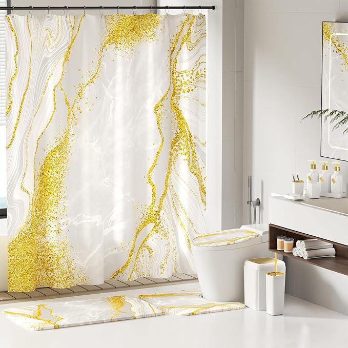 21PCS Bathroom Sets with Shower Curtain and Rugs Bathroom Accessories Set White Bathroom Set Complete with Trash Can, Toilet Brush, Qtip Holder & 3PCS Soap Dispenser