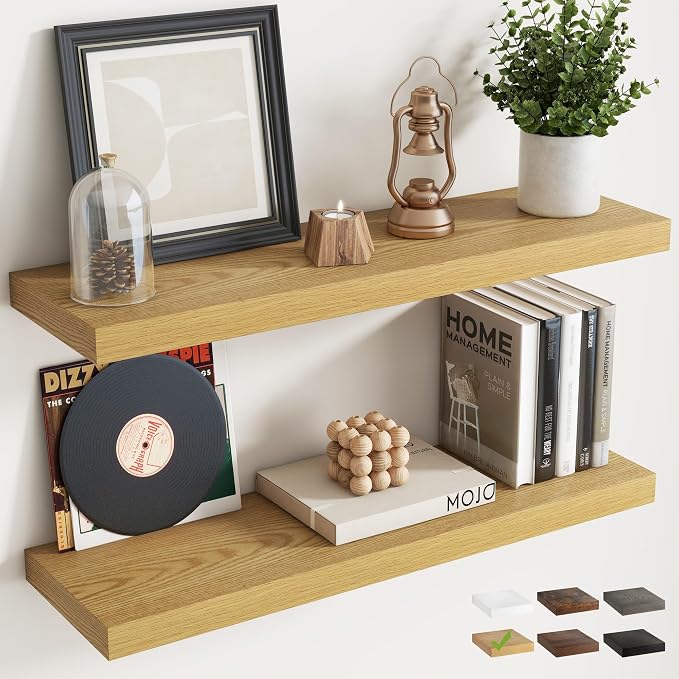 32 Inch Floating Shelves for Wall 2 Pack, 8"D Wood Grain Bathroom Shelves | Invisible Brackets, Oak Finish, Easy Install | Engineered Wood Storage Shelves for Kitchen, Study, Bedroom