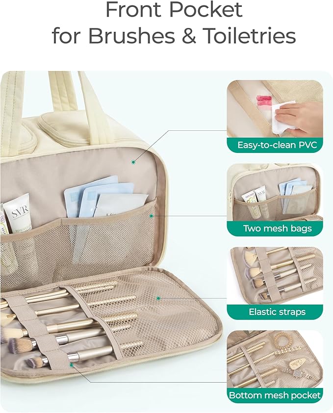 BAGSMART Travel Toiletry Bag, Puffy Large Toiletry Bag for Women, Lightweight Cosmetic Makeup Bag Organizer with Handle for Traveling, Accessories, Essentials, Toiletries (Dark Green)