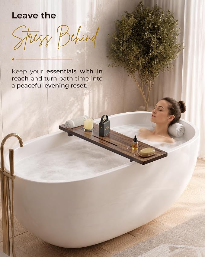 Acacia Wood Bathtub Caddy Tray 34.6" Adjustable Bath Tray for Tub | Bathtub Tray With Non-Slip Grip, Water-Resistant Wood & Stable Expandable Design Keeps Bath Essentials Secure & Within Reach