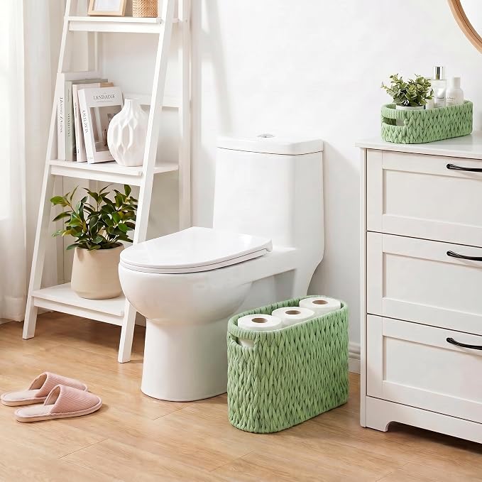Boho Toilet Paper Storage Baskets, Cotton Rope Woven Bathroom Basket Set of 2, Standing Toilet Paper Holder for 6 Mega Rolls,Storage Bins for Toilet Tank Top, Bathroom Organizer Decor (Green 2 Pack)