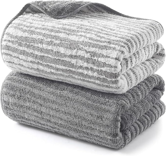 REDKISS 2 Pack Gray Bath Towels Set, 100% Cotton Double-Sided Design | Ultra Soft, Super Absorbent, Quick Dry Bathroom Towels for Bathroom, Gym, Spa, Pool, Hotel & Family Use, 29 x 59 Inches