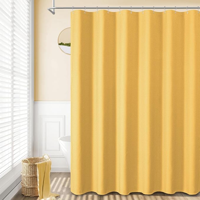 Extra Long Waffle Shower Curtain 256 GSM Fabric 72x96 Gold | 96 Inch Tall, Thick Polyester Cloth, Weighted Hem, Water Repellent & Washable, Hotel Shower Curtain Set for Bathroom 12 Hooks