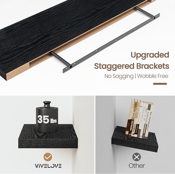 Vivelove Floating Shelves 9 inch Deep 24”Long Set of 2, Black | Easy Install With Hardware, 1.5" Thick, Invisible Brackets, Wall Mounted, No Sagging, For Any Room