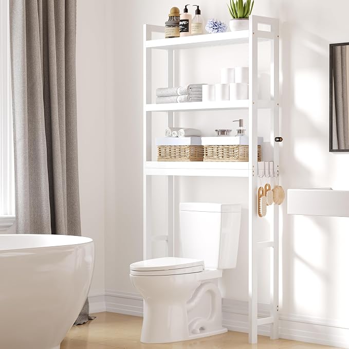 Smiry Bamboo Over The Toilet Storage Cabinet, 3 Tier, White | Wooden Bathroom Organizers with Adjustable Shelf & 4 Hooks, Space Saving Shelf Rack for Bathrooms, Laundry Room, Balcony