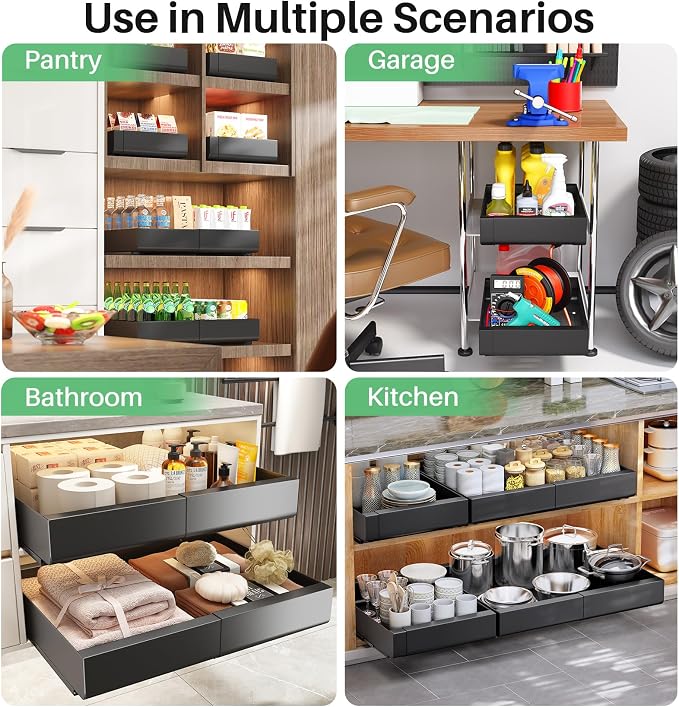4 Pack Pull out Cabinet Organizer, Expandable(12"-20") Heavy Duty Slide out Drawer Fixed with Adhesive Nano Film for Pots, Roll out Shelf Storage for Kitchen Organization, Pantry, Bathroom(Black)