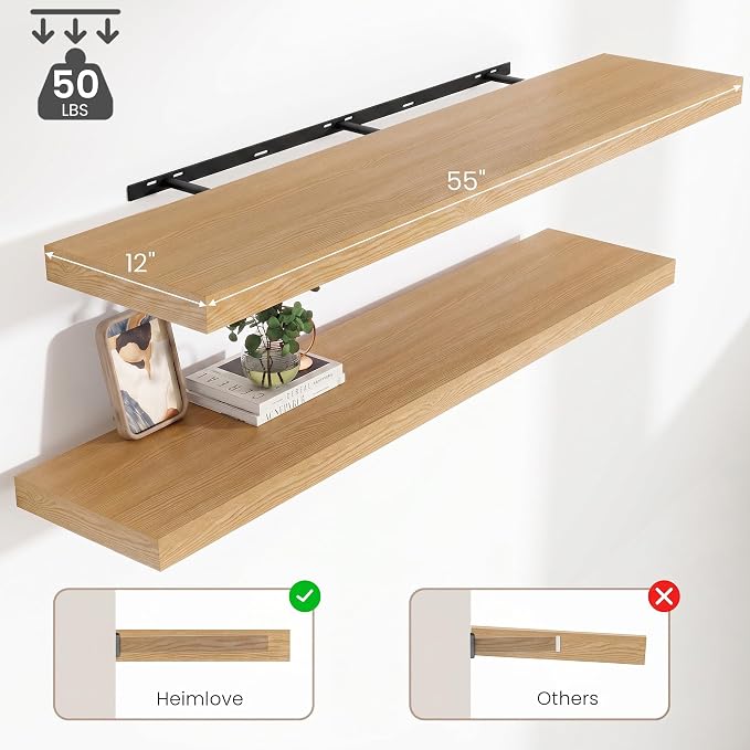 12 Deep Floating Shelves for wall,55 Inch Extra Long Large Wall Shelves Set of 2,2 Inch Thick Heavy Duty Floating Wall Mounted Shelves,Floating Shelf for Fireplace Mantel,Oak Color