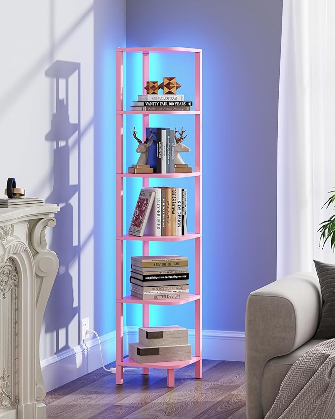 TUTOTAK Corner Shelf with LED Light, 6-Tier Corner Bookshelf | for Small Space, Narrow Display Corner Shelf Stand with Storage Rack, for Living Room, Bedroom, Pink BS08BP006L