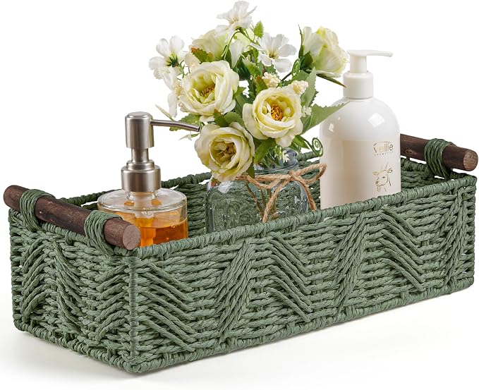 Toilet Paper Storage Basket for Bathroom Countertop Baskets for Organizing | with Handle for Bathroom Bedroom Home Decor Small Basekt for Shelves Apartment Countertop Use,Green