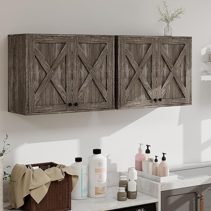 YOURLITE Laundry Cabinet, Medicine Cabinet, Bathroom Kitchen Storage Wall Mounted Farmhouse Organizer with Shelves Over Toilet, One Set of 2 Pieces X 24", Grey