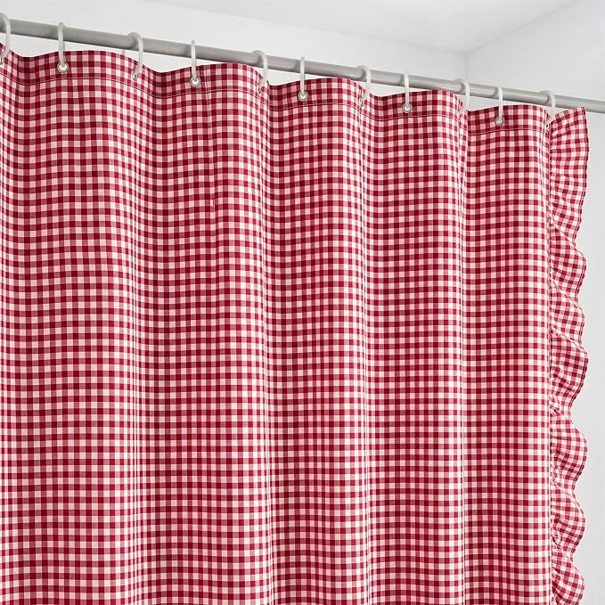 HunnmingRe Ruffled Gingham Shower Curtain Red | 72'' x 72'' Vintage Farmhouse Curtain, Cotton Cottage Core Rural Checkered Plaid Decor, Fall Shower Curtain for Bathroom