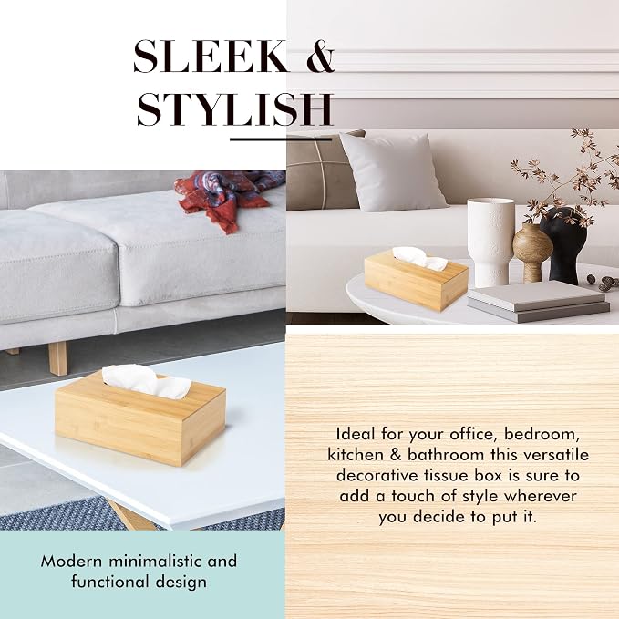 Design Tissue Box Holder - Modern, Minimalist, and Durable Wooden Tissue Box with Sliding Bottom, Easy-Refill- Premium-Quality Bamboo Tissue Box Cover, Fits 120-Count Box, Short Rectangular