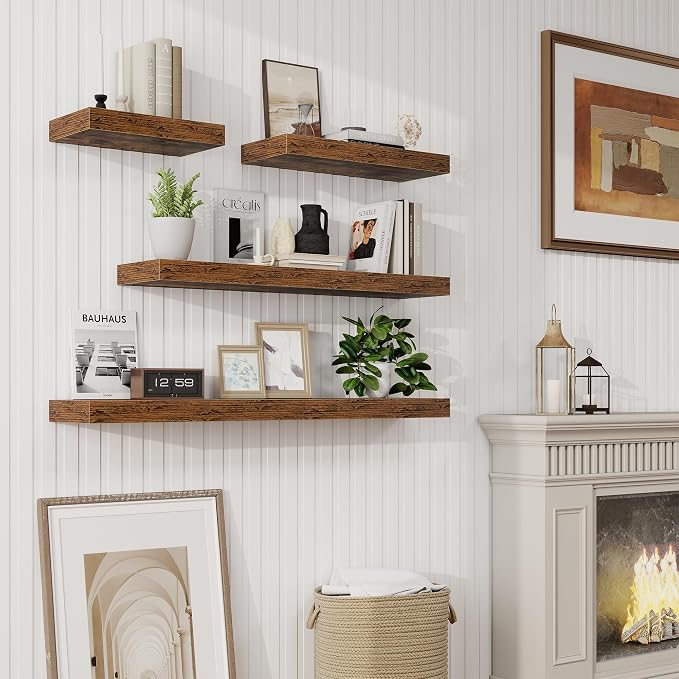 9.25in Depth 24in Floating Shelves, 24x9.25x1.4, Rustic Brown, Set of 2 | Wall Mounted Engineered Wood Shelves, Invisible Brackets for Living Room, Bedroom, Bathroom, Kitchen Decor and Storage