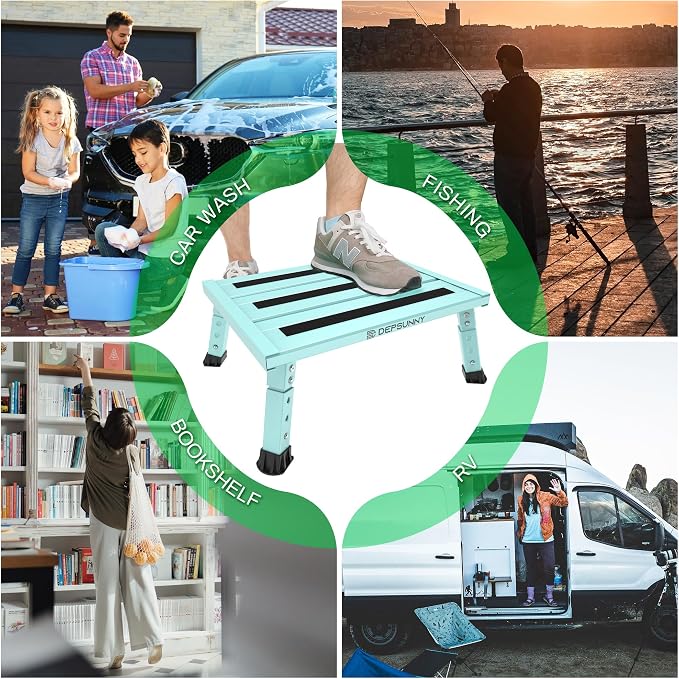 Adjustable RV Step Stool, Wide Platform, Foldable Legs, Green | 3 Height Settings, 1,000-lb Capacity, Aluminum Frame, Non-Slip Rubber Feet, Portable Step for Camper Stairs and Trailers