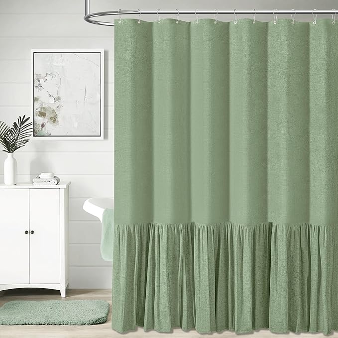 Extra Long Linen Ruffle Farmhouse Shower Cloth Curtain, 72x96, Green | Ruffle Hem, Heavy Duty Fabric, 12 Hooks, Elegant Drape, Shabby Chic Style, Bathroom Decor, Machine Washable, Easy To Install
